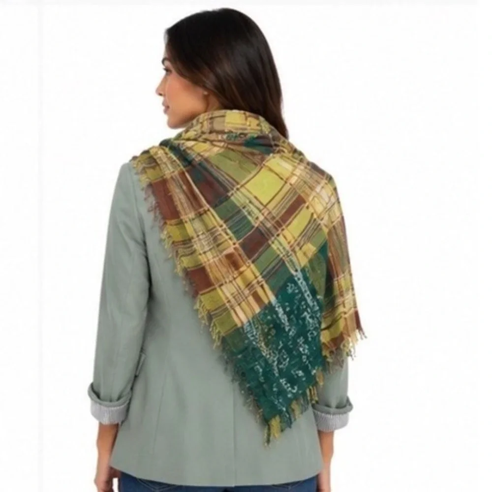 Green Gold Plaid‎ Paisley Metallic Thread Lightweight Scarf Chic Fairycore 89-53